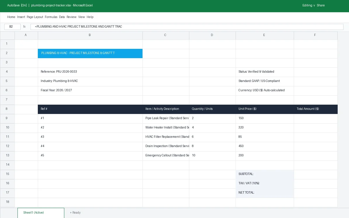 Plumbing & HVAC Project Milestone & Gantt Tracker Template