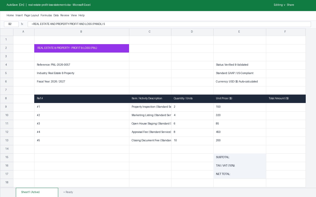 Preview of Real Estate & Property Profit & Loss (P&L) Statement Template