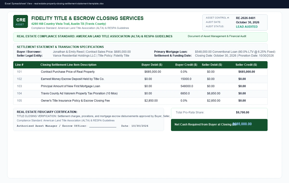 Real Estate Property Purchase Closing & Settlement Statement Template
