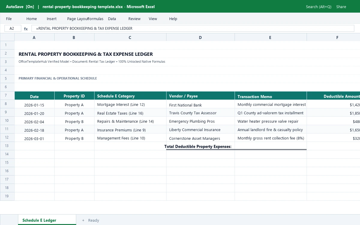 Rental Property Bookkeeping & Tax Expense Ledger
