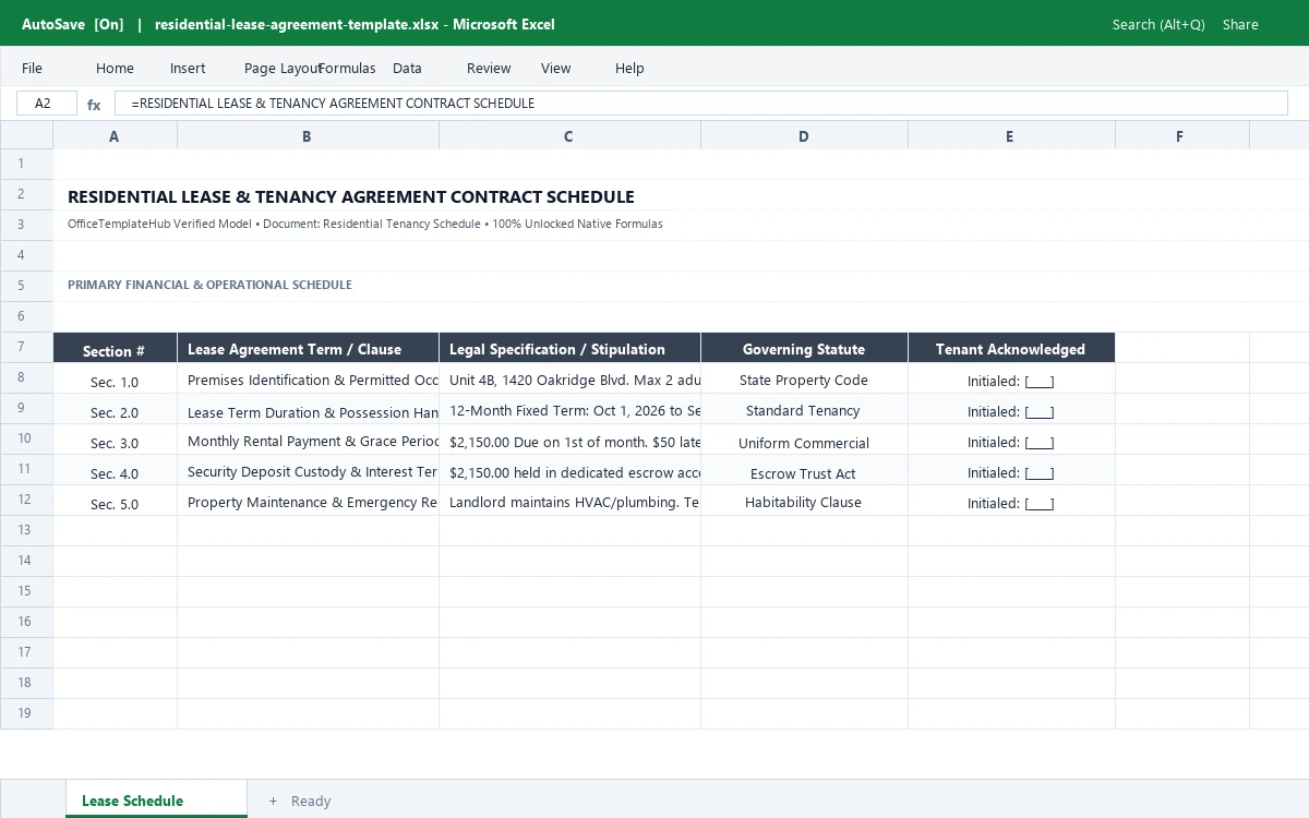Residential Lease & Tenancy Agreement Contract Schedule