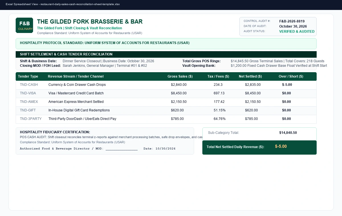 Restaurant Daily Sales & Cash Reconciliation Sheet (POS Closeout)