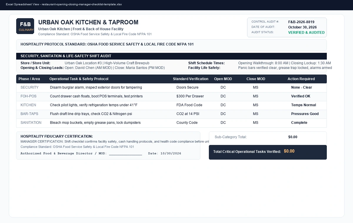 Restaurant Opening & Closing Manager Shift Checklist Template