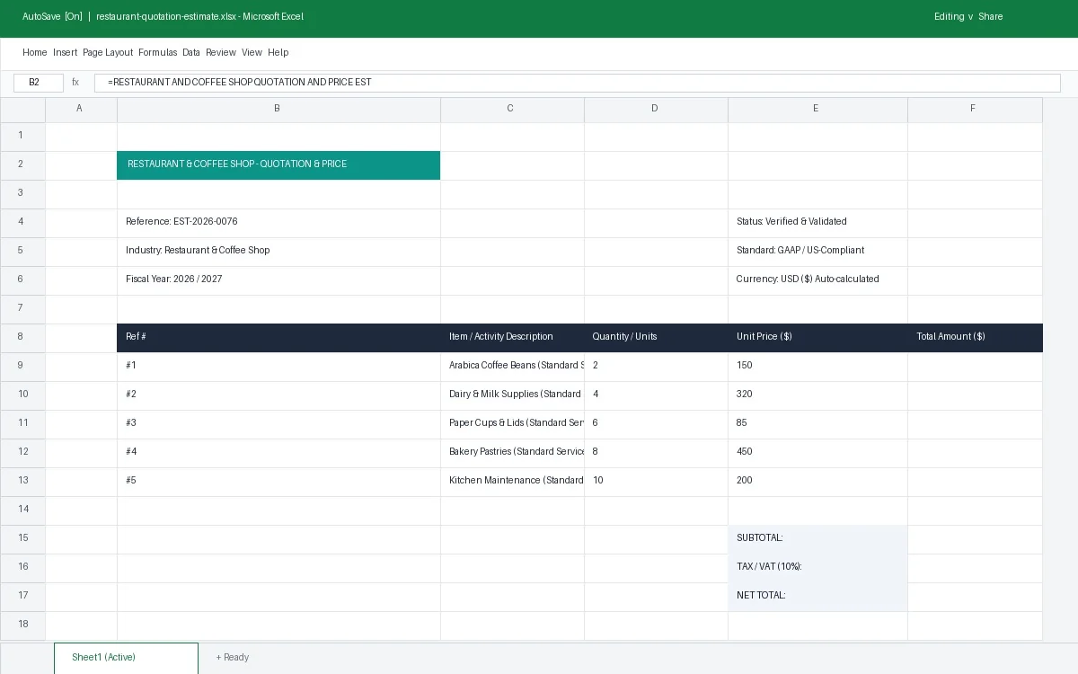Restaurant & Coffee Shop Quotation & Price Estimate Template