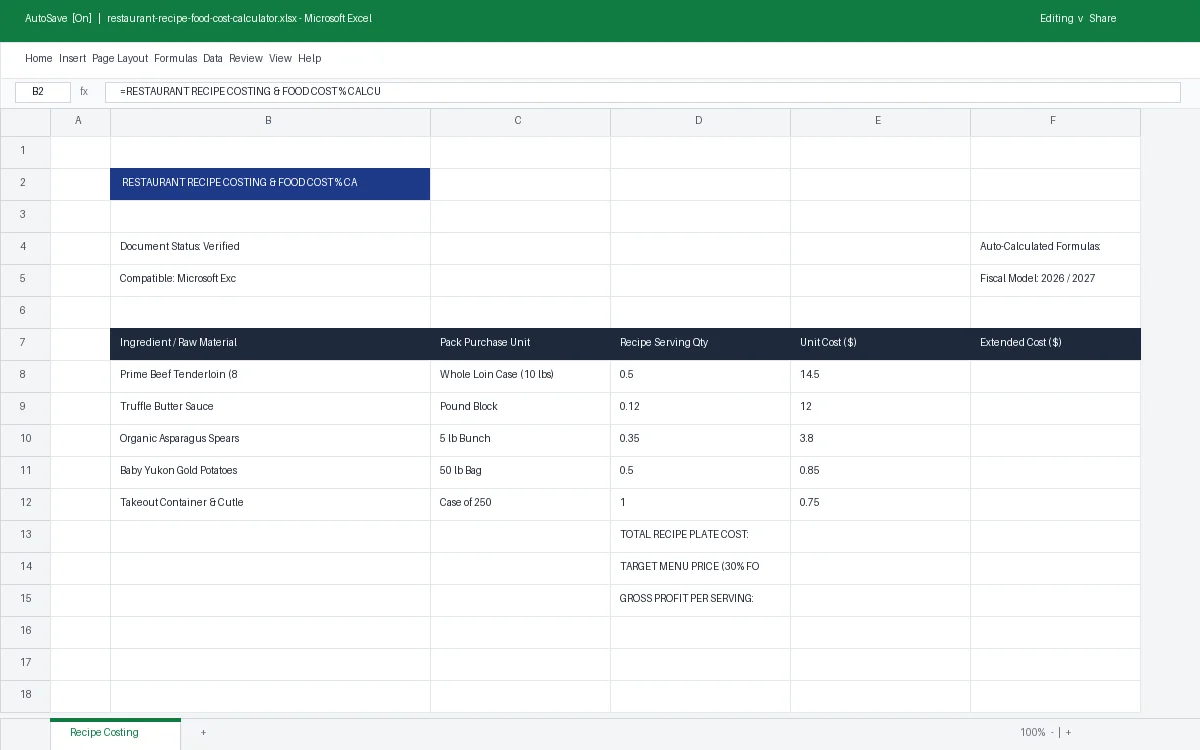 Restaurant Recipe Costing & Food Cost % Calculator