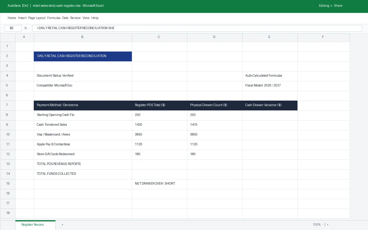 Daily Retail Cash Register Reconciliation Sheet