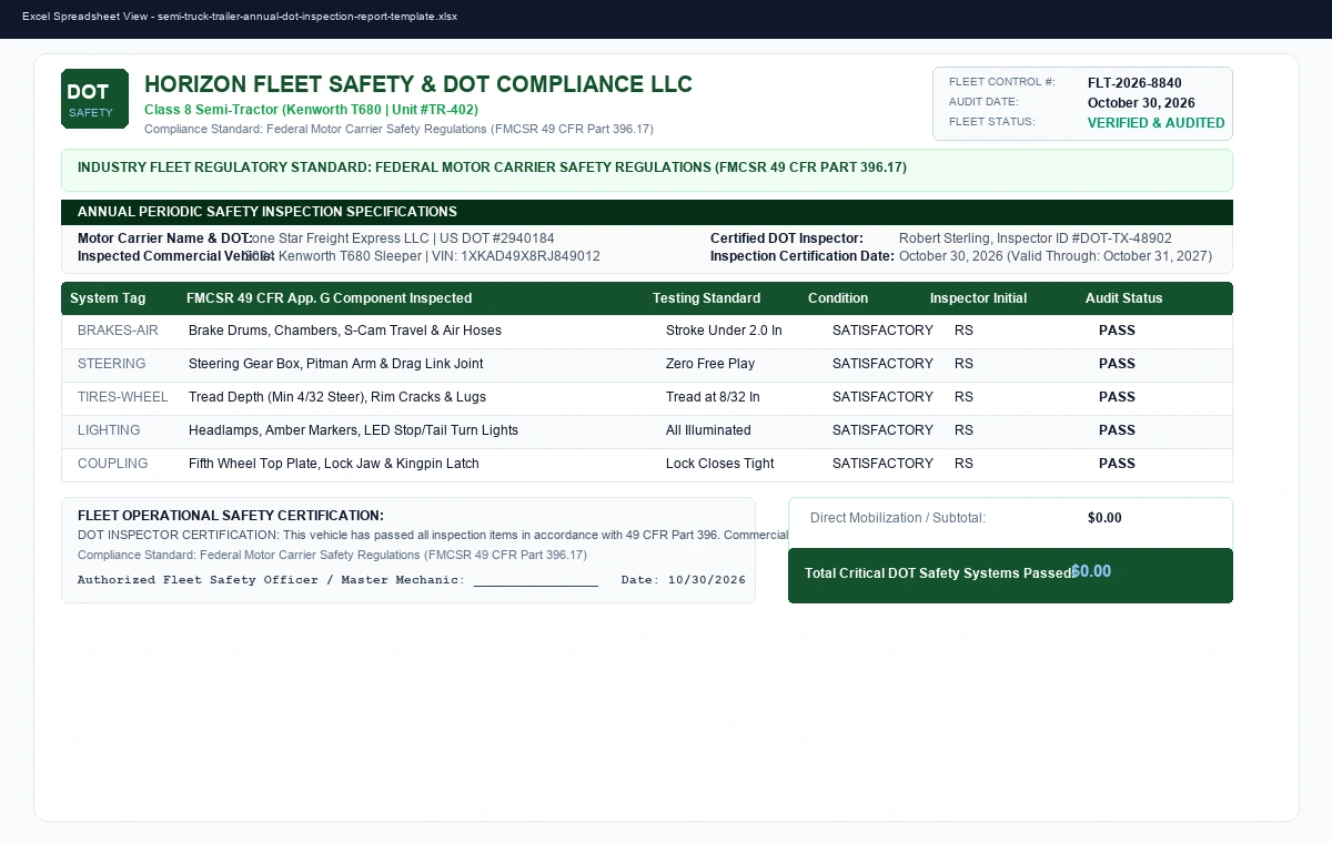 Semi-Truck & Trailer Annual DOT Periodic Inspection Report