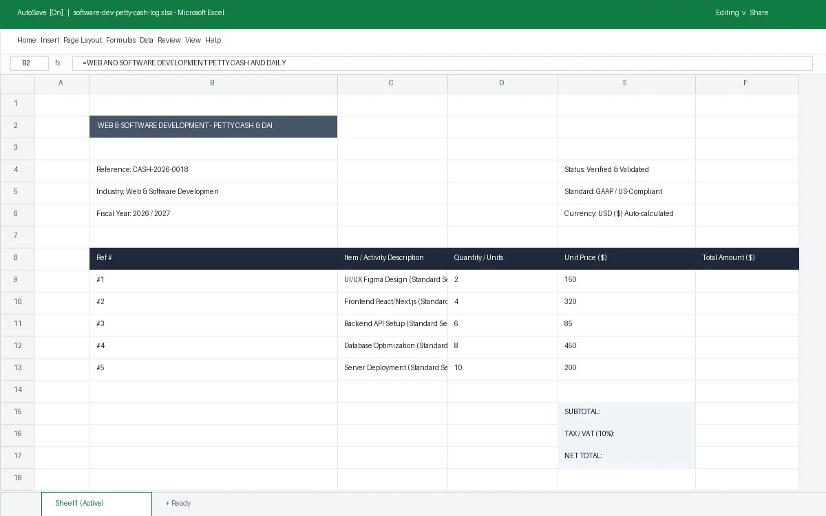 Web & Software Development Petty Cash & Daily Expense Log Template