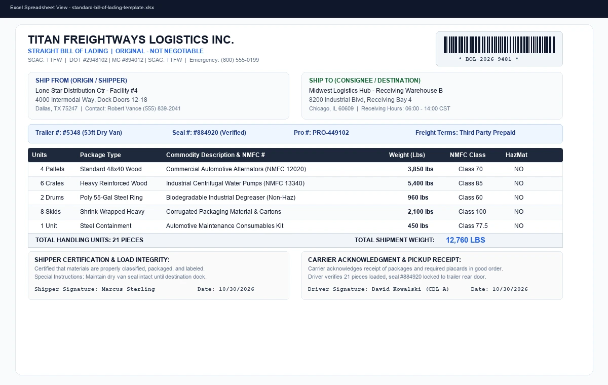 Standard Straight Bill of Lading (BOL) Template