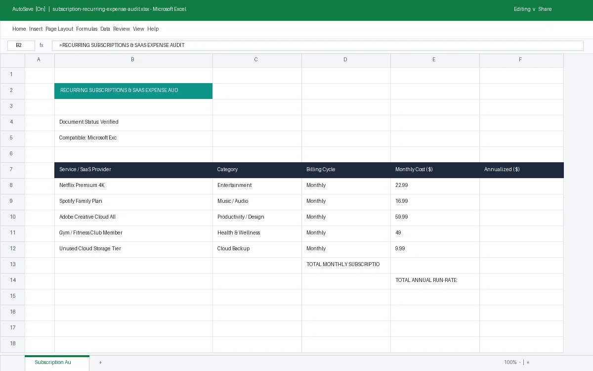 Preview of Recurring Subscriptions & SaaS Expense Audit Sheet