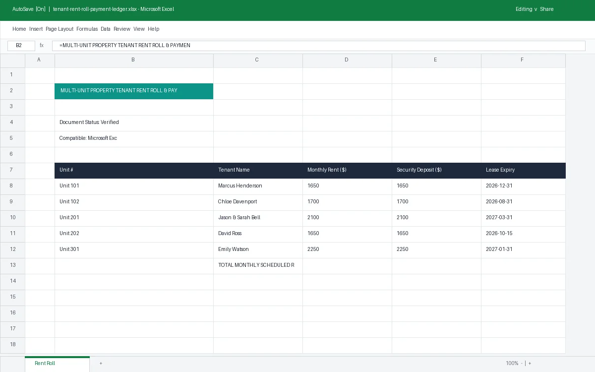 Multi-Unit Property Tenant Rent Roll & Payment Ledger