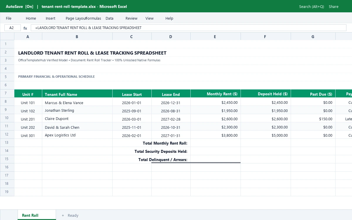 Landlord Tenant Rent Roll & Lease Tracking Spreadsheet