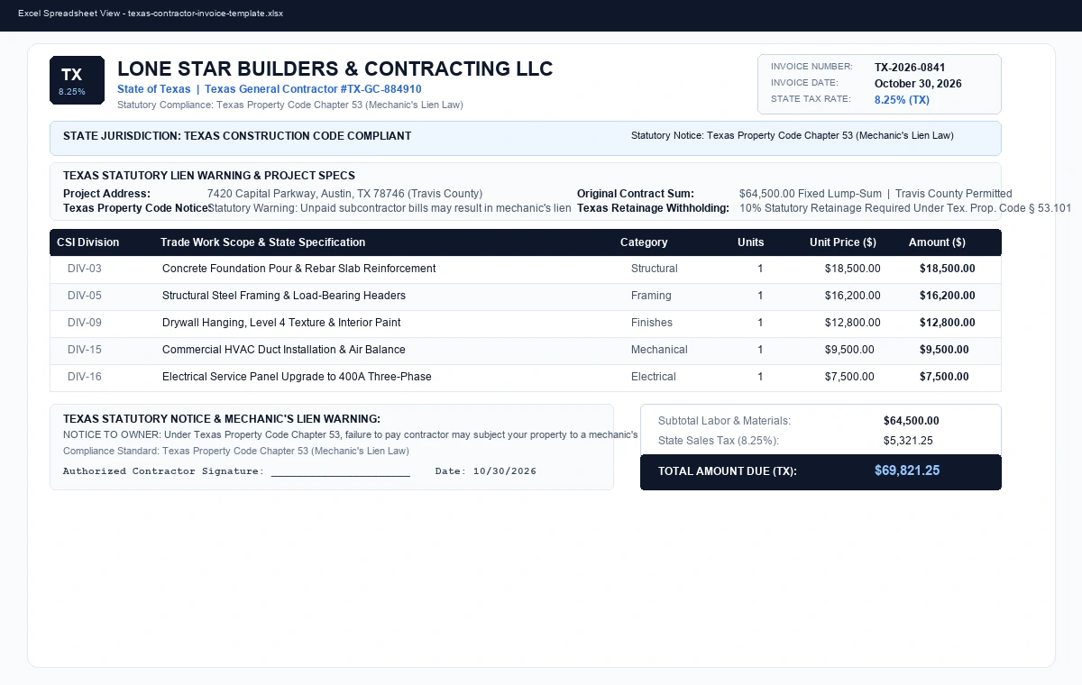 Texas Contractor Invoice & Lien Notice Template