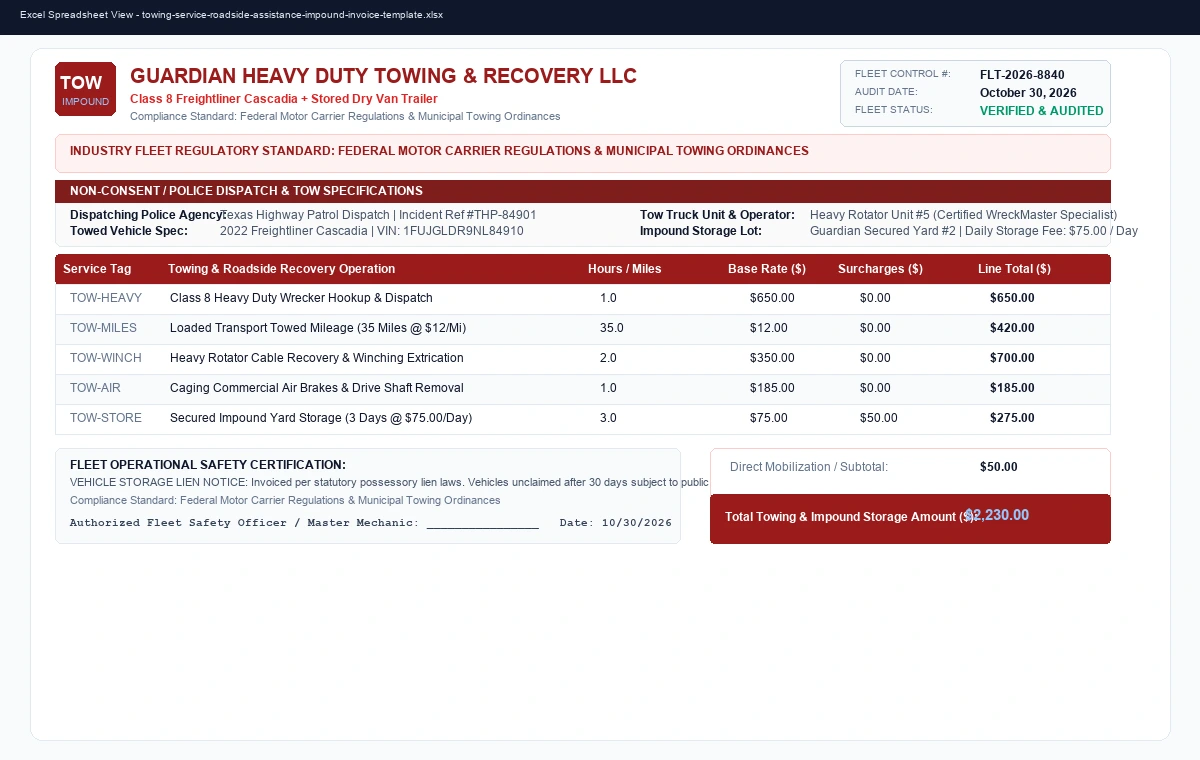 Towing Service, Roadside Assistance & Vehicle Impound Invoice