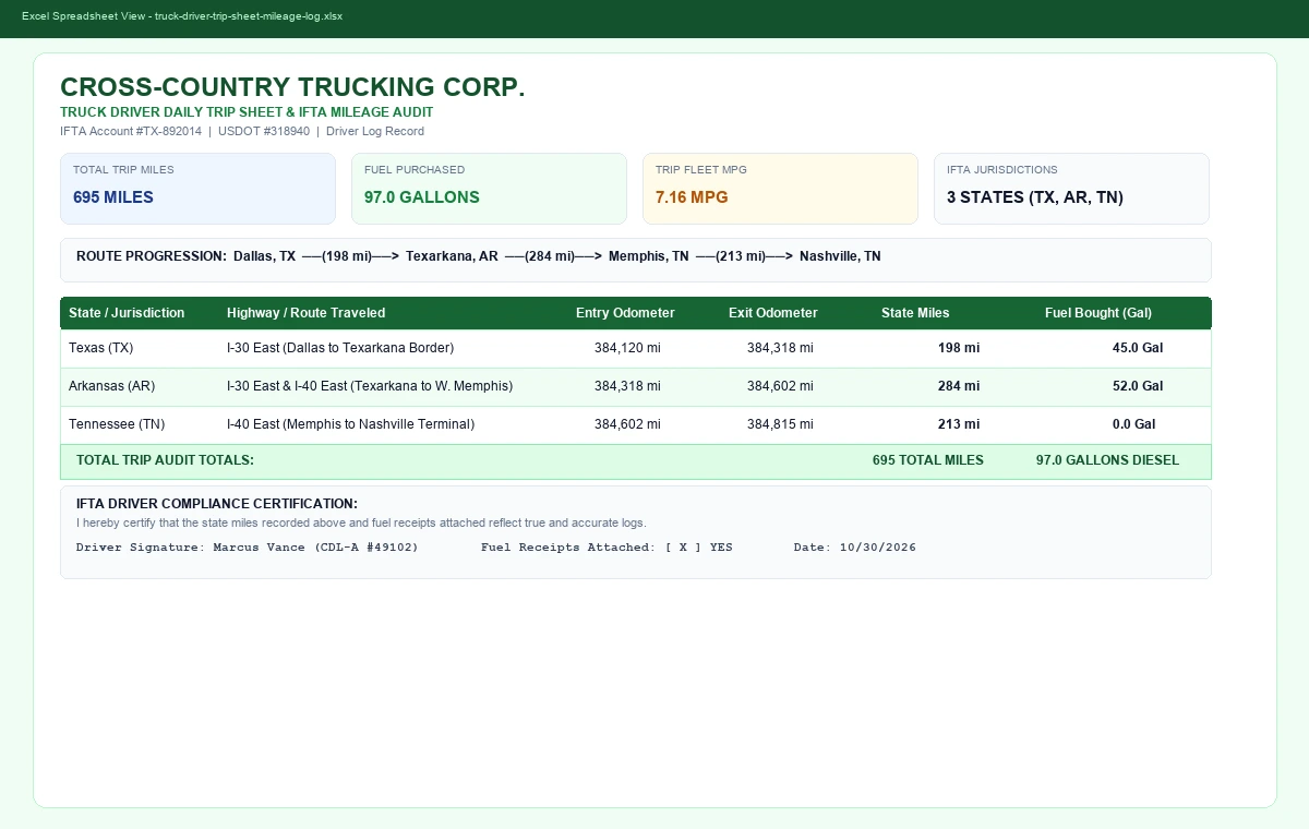 Truck Driver Daily Trip Sheet & Mileage Log Template