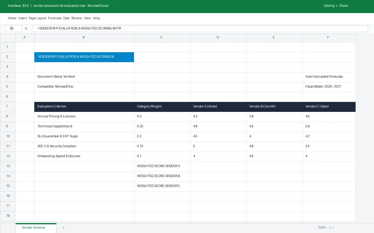 Preview of Vendor RFP Evaluation & Weighted Scoring Matrix
