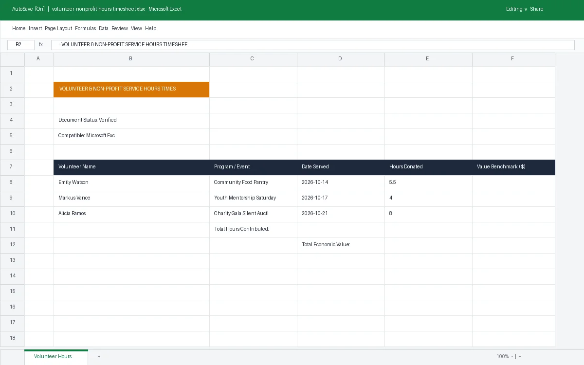 Volunteer & Non-Profit Service Hours Timesheet Log
