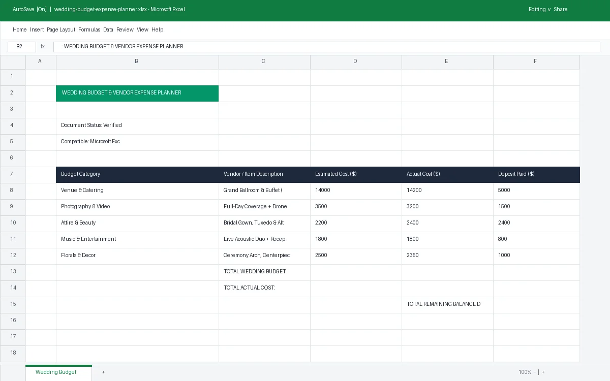 Wedding Budget & Vendor Expense Planner