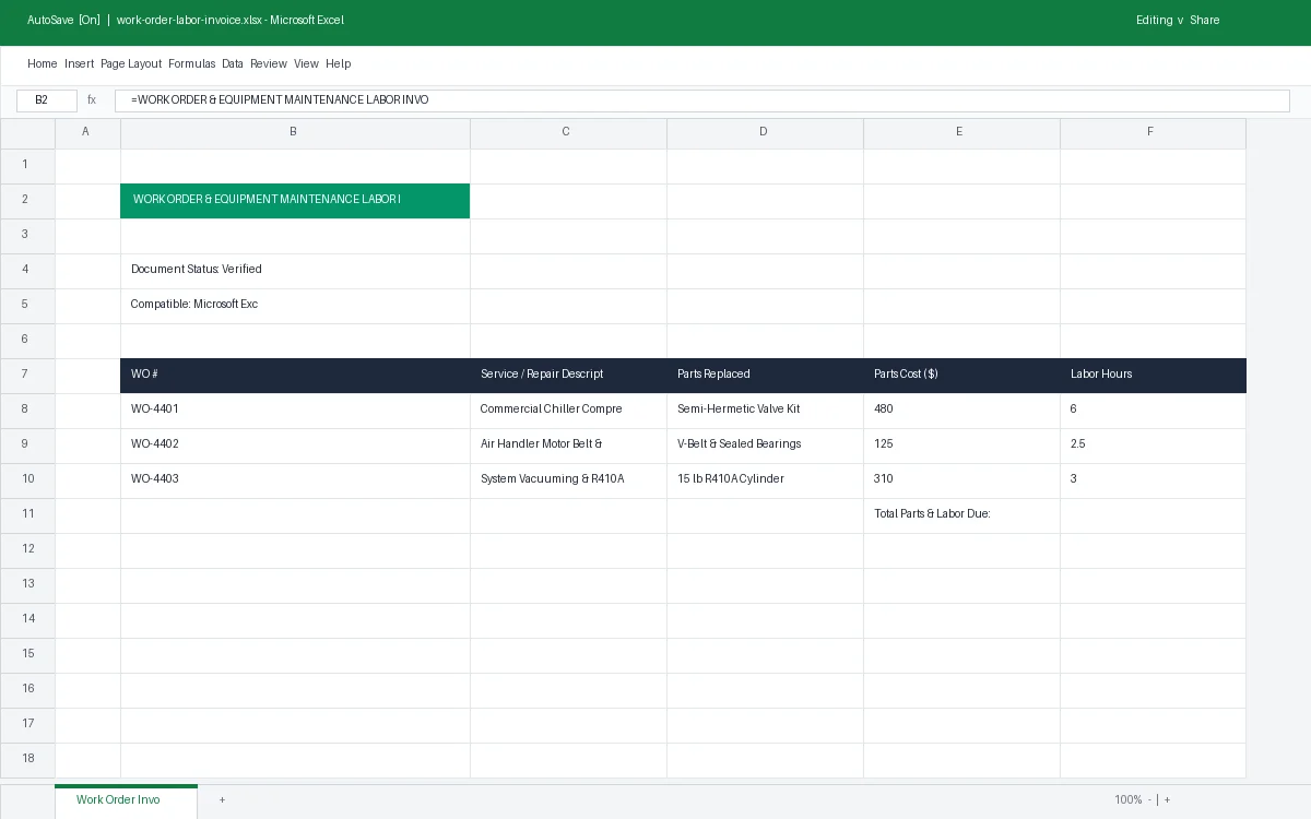 Work Order & Equipment Maintenance Labor Invoice Template