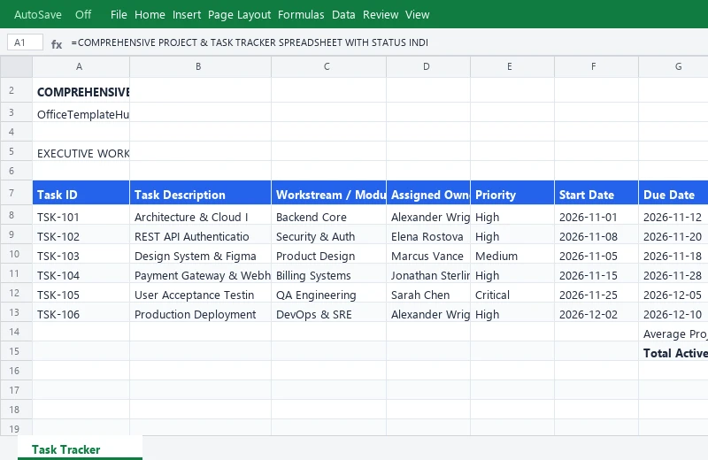 Comprehensive Project & Task Tracker Spreadsheet with Status Indicators