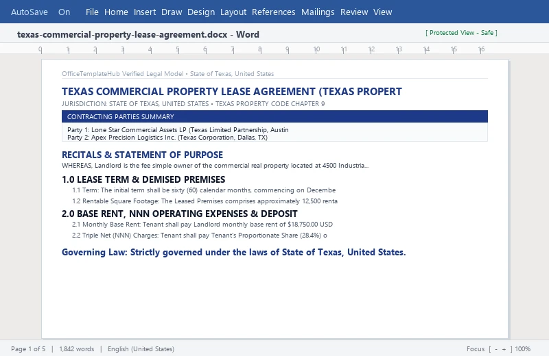 Preview of Texas Commercial Property Lease Agreement (Texas Property Code § 93)