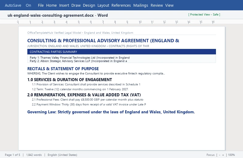 Preview of Consulting & Professional Advisory Agreement (England & Wales)