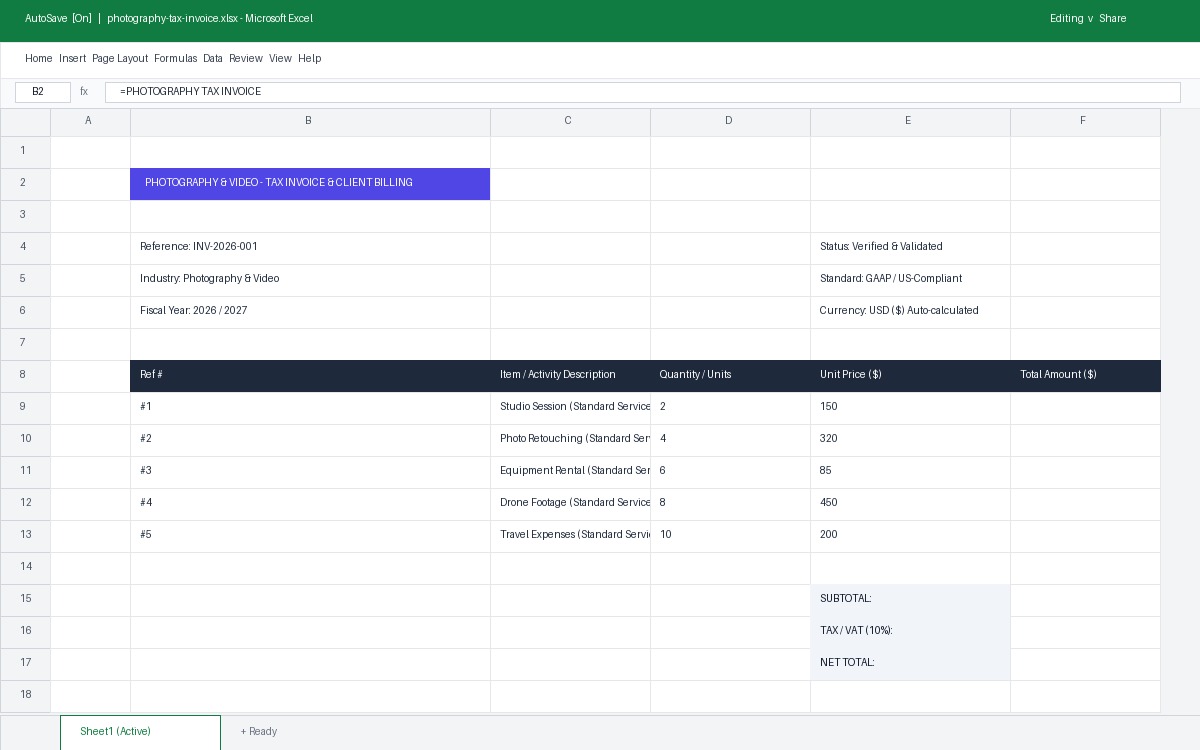 Photography & Video Tax Invoice & Client Billing Template