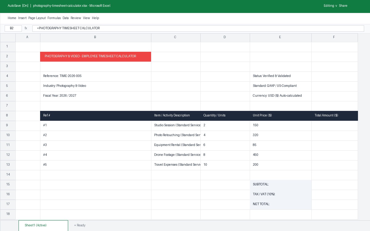 Photography & Video Employee Timesheet Calculator Template