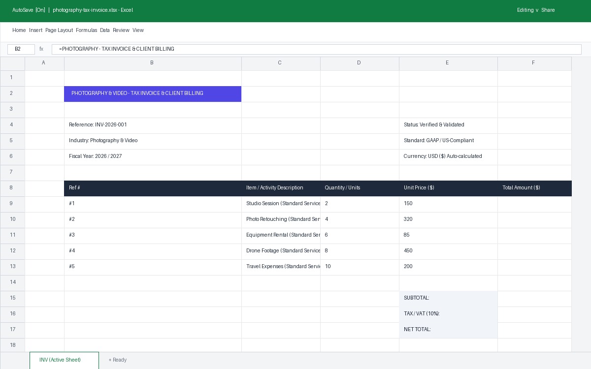Photography & Video Tax Invoice & Client Billing Template